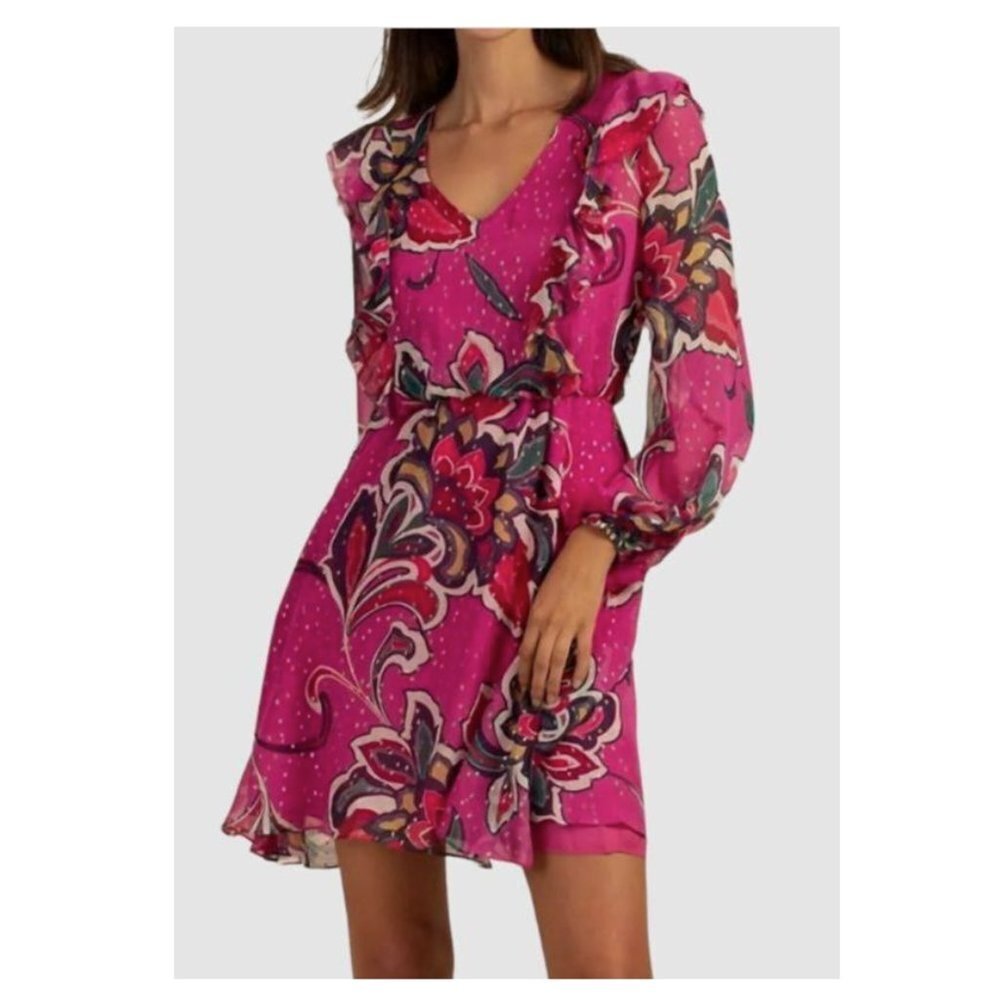 New Trina Turk Women's Pink Silk Ruffled Balloon Sleeve A Line Dress P2621